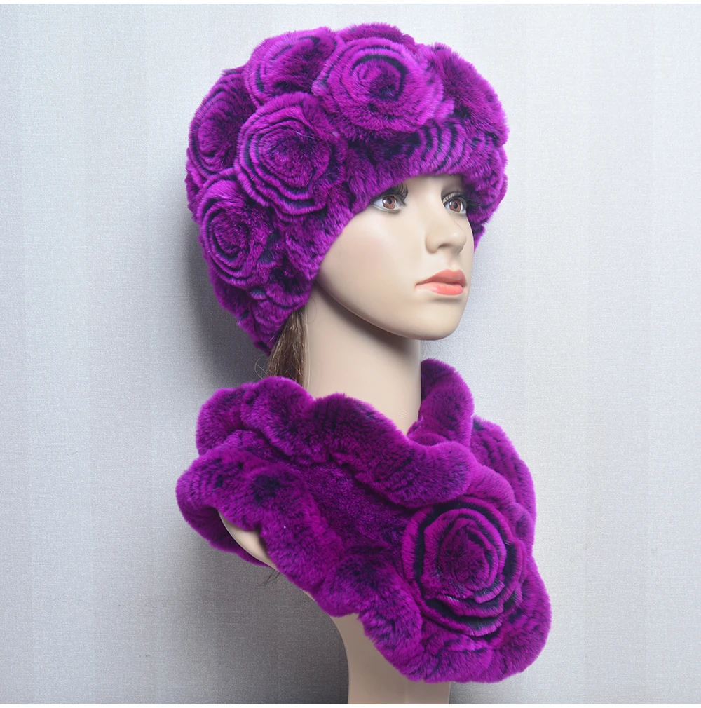 New Women Winter Fur Hat Scarf Sets Natural Warm Real Rex Rabbit Fur Cap Scarves Lady Knitted Warm 100% Genuine Fur Hats Muffler