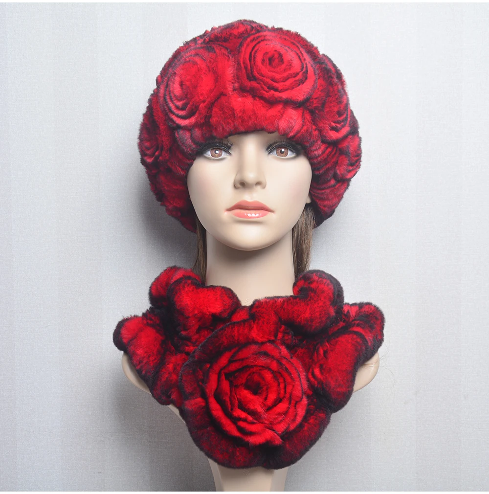 New Women Winter Fur Hat Scarf Sets Natural Warm Real Rex Rabbit Fur Cap Scarves Lady Knitted Warm 100% Genuine Fur Hats Muffler