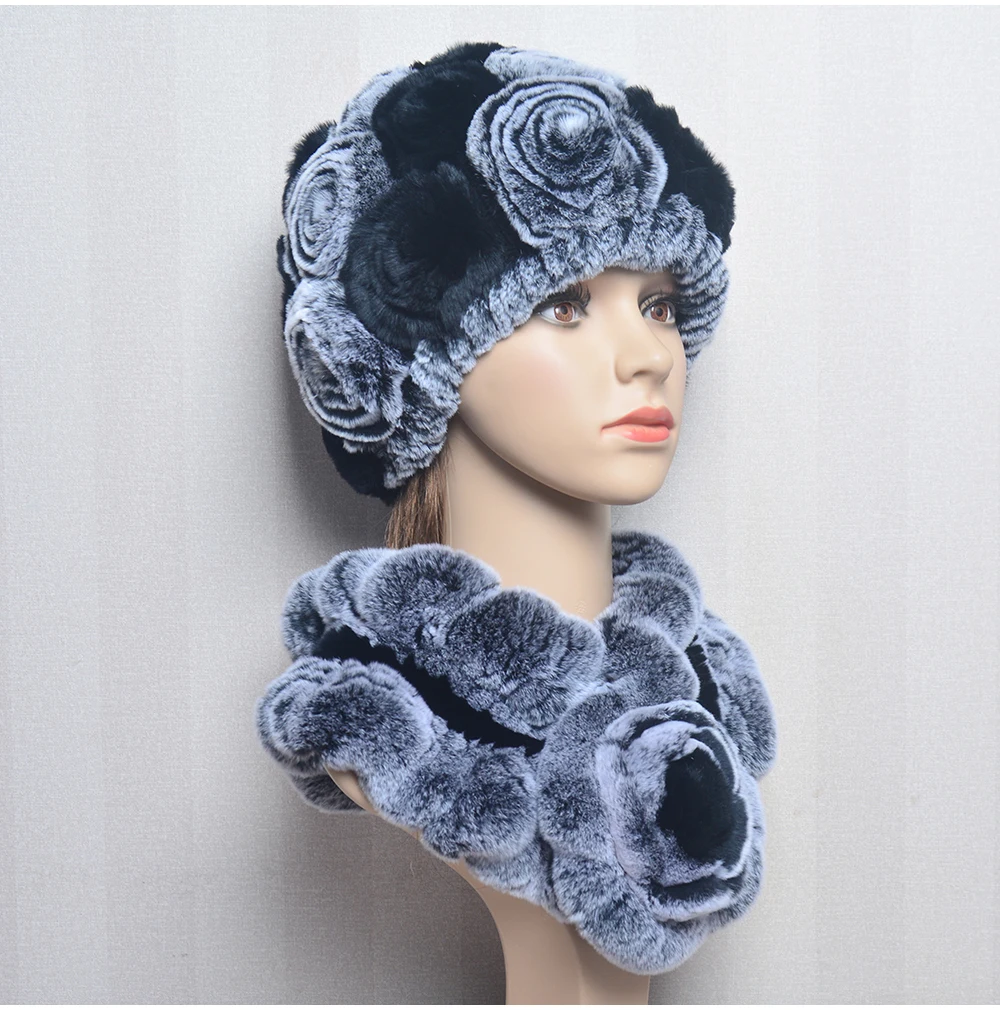 New Women Winter Fur Hat Scarf Sets Natural Warm Real Rex Rabbit Fur Cap Scarves Lady Knitted Warm 100% Genuine Fur Hats Muffler