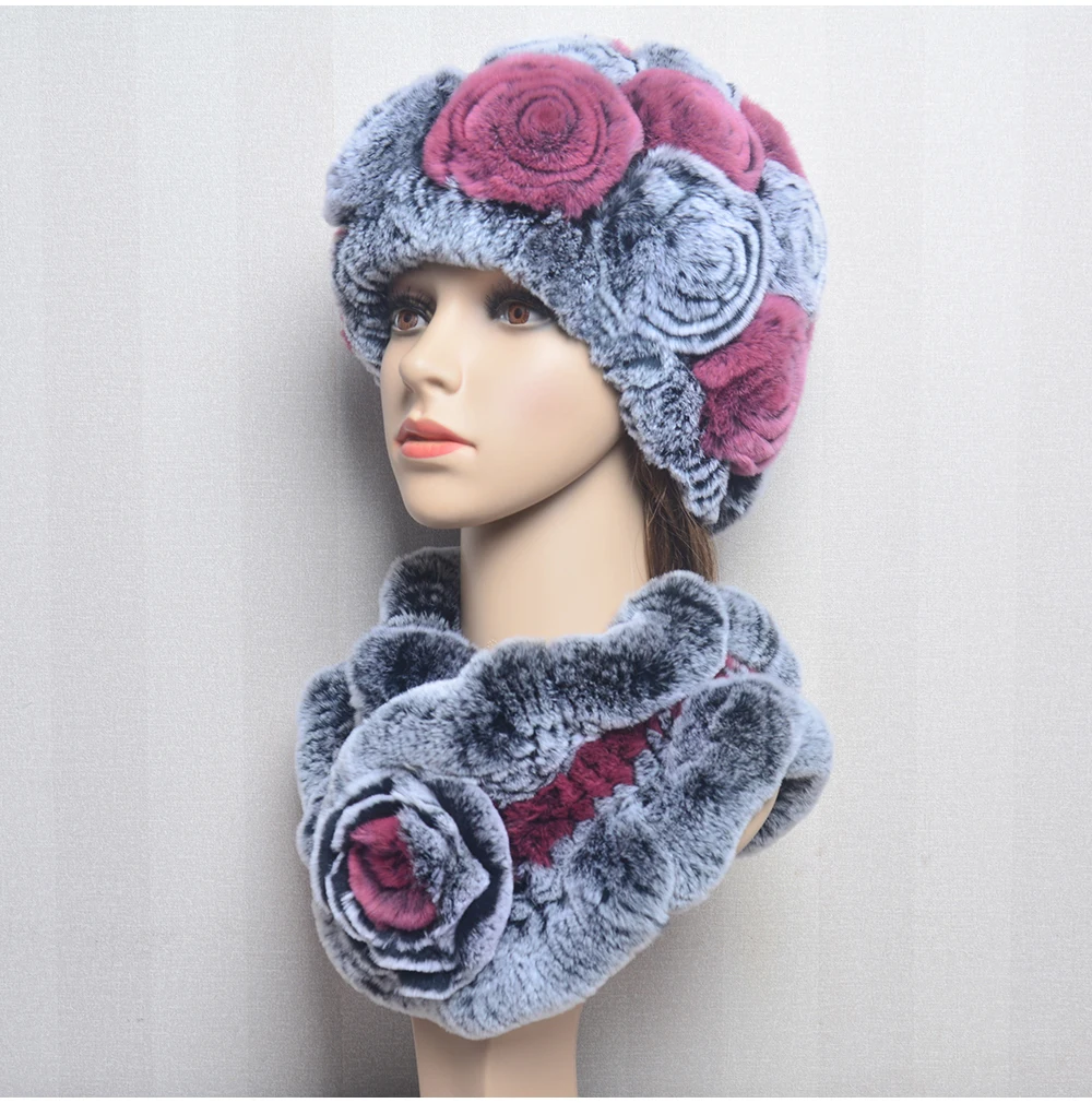 New Women Winter Fur Hat Scarf Sets Natural Warm Real Rex Rabbit Fur Cap Scarves Lady Knitted Warm 100% Genuine Fur Hats Muffler
