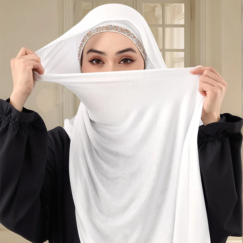 2pcs Muslim Modal Jersey Scarf Hijab With Diamond Adjustable Inner Caps Soft Woman Muslim Hijabs Women Fashion Accessories Set