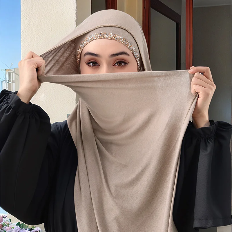 2pcs Muslim Modal Jersey Scarf Hijab With Diamond Adjustable Inner Caps Soft Woman Muslim Hijabs Women Fashion Accessories Set