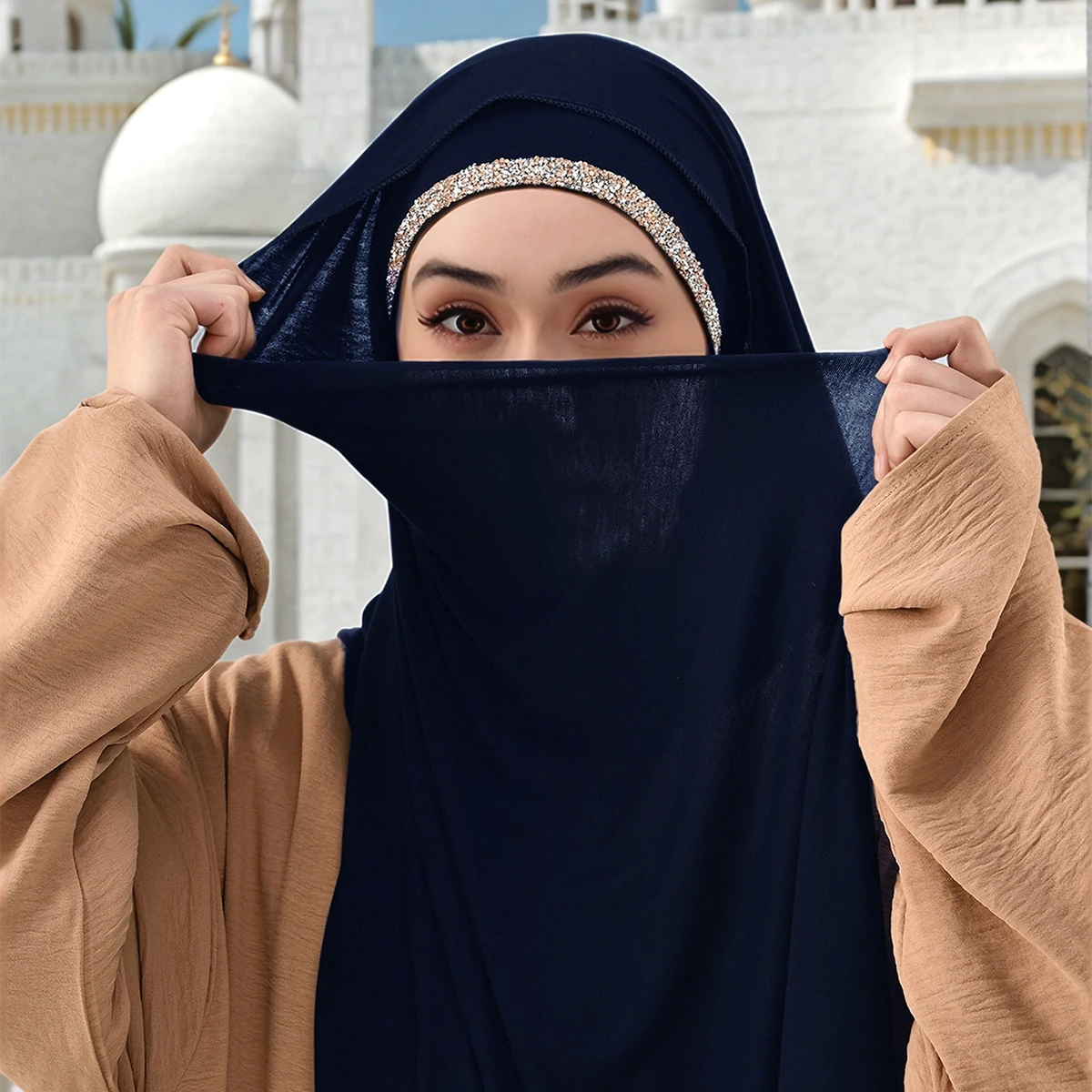 2pcs Muslim Modal Jersey Scarf Hijab With Diamond Adjustable Inner Caps Soft Woman Muslim Hijabs Women Fashion Accessories Set