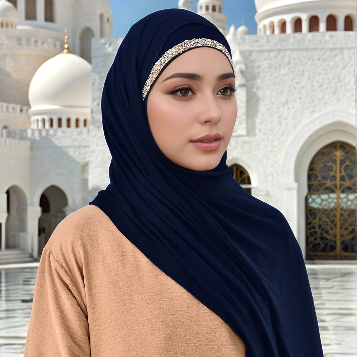 2pcs Muslim Modal Jersey Scarf Hijab With Diamond Adjustable Inner Caps Soft Woman Muslim Hijabs Women Fashion Accessories Set