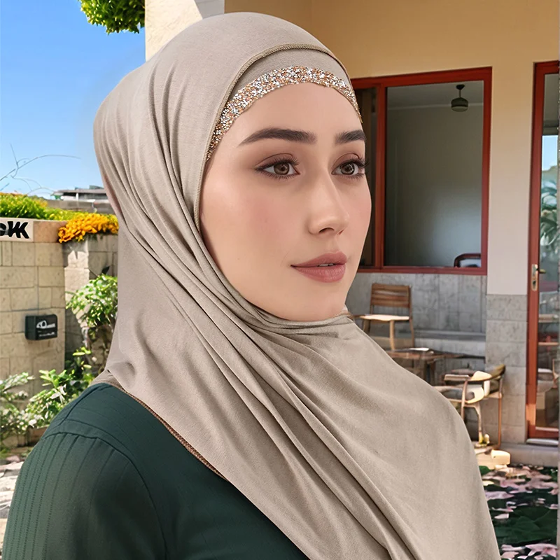 2pcs Muslim Modal Jersey Scarf Hijab With Diamond Adjustable Inner Caps Soft Woman Muslim Hijabs Women Fashion Accessories Set