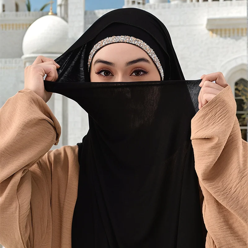 2pcs Muslim Modal Jersey Scarf Hijab With Diamond Adjustable Inner Caps Soft Woman Muslim Hijabs Women Fashion Accessories Set
