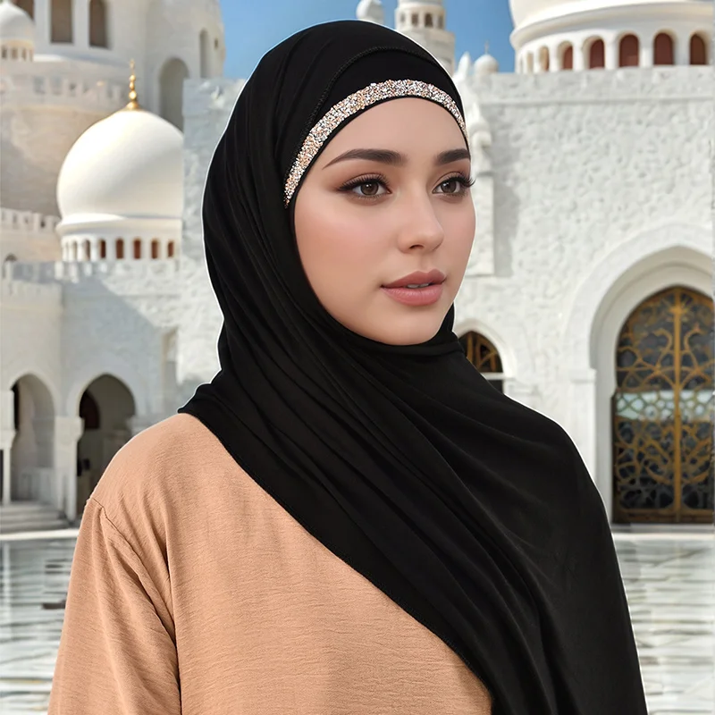 2pcs Muslim Modal Jersey Scarf Hijab With Diamond Adjustable Inner Caps Soft Woman Muslim Hijabs Women Fashion Accessories Set