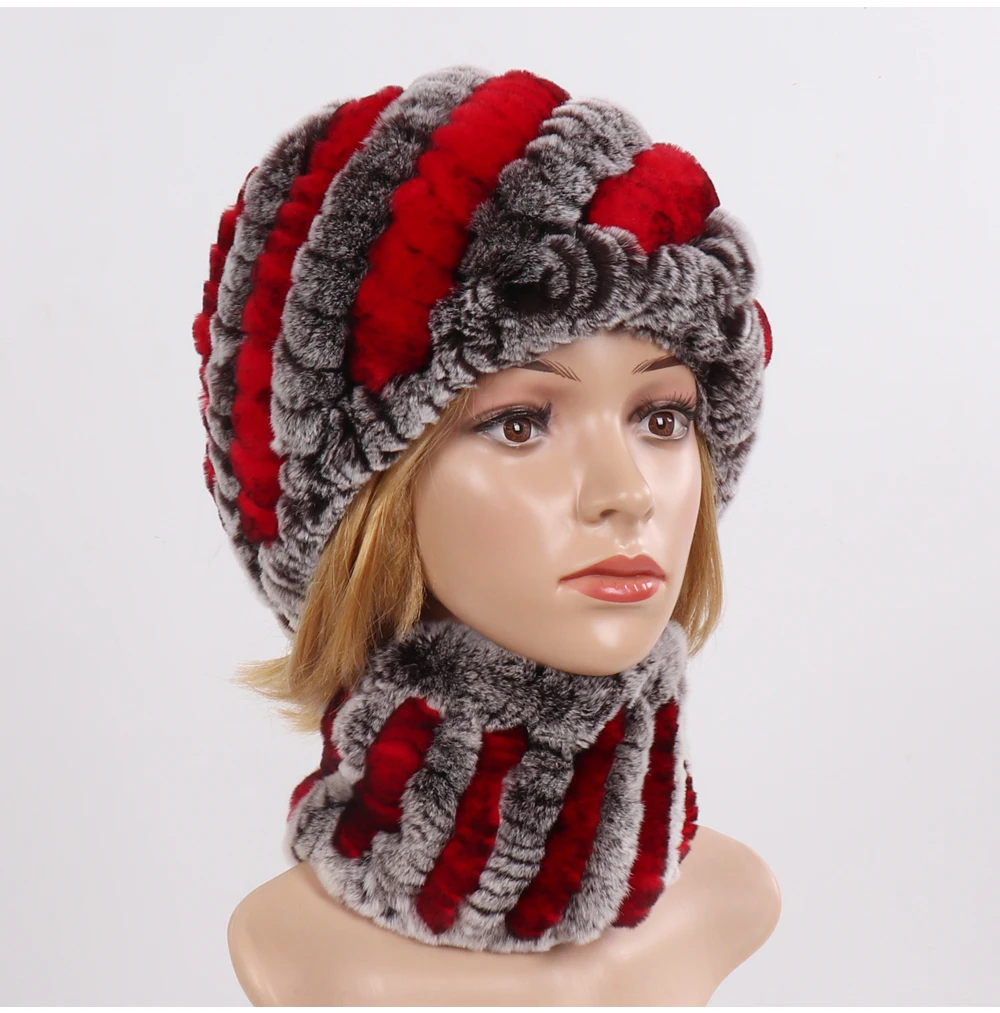 Hot Sale Women Winter Real Rex Rabbit Fur Hat Scarf Sets Natural Knit Rex Rabbit Fur Muffler Hat Lady Warm Real Fur Hats Scarves