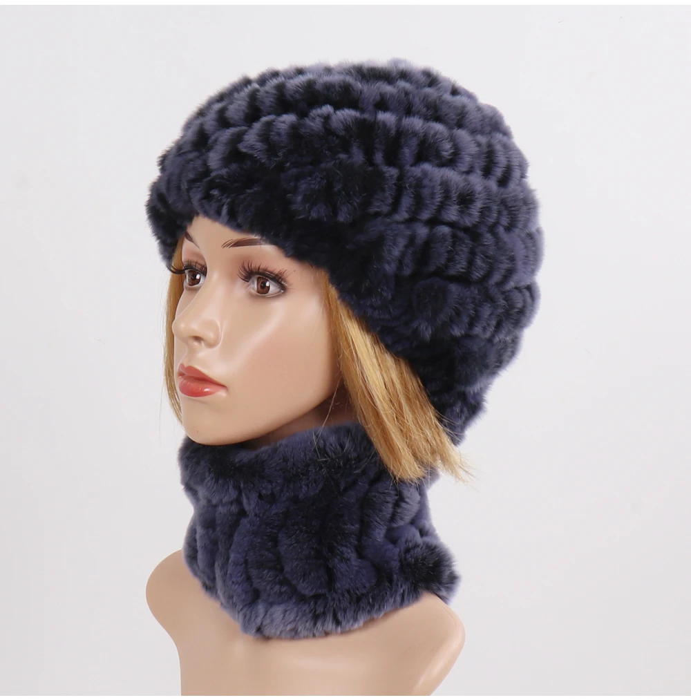 Hot Sale Women Winter Real Rex Rabbit Fur Hat Scarf Sets Natural Knit Rex Rabbit Fur Muffler Hat Lady Warm Real Fur Hats Scarves