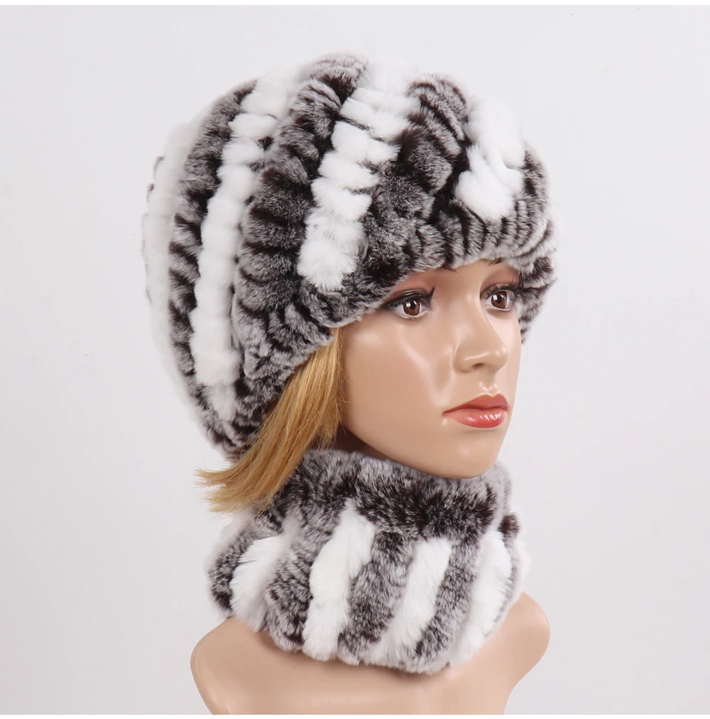 Hot Sale Women Winter Real Rex Rabbit Fur Hat Scarf Sets Natural Knit Rex Rabbit Fur Muffler Hat Lady Warm Real Fur Hats Scarves