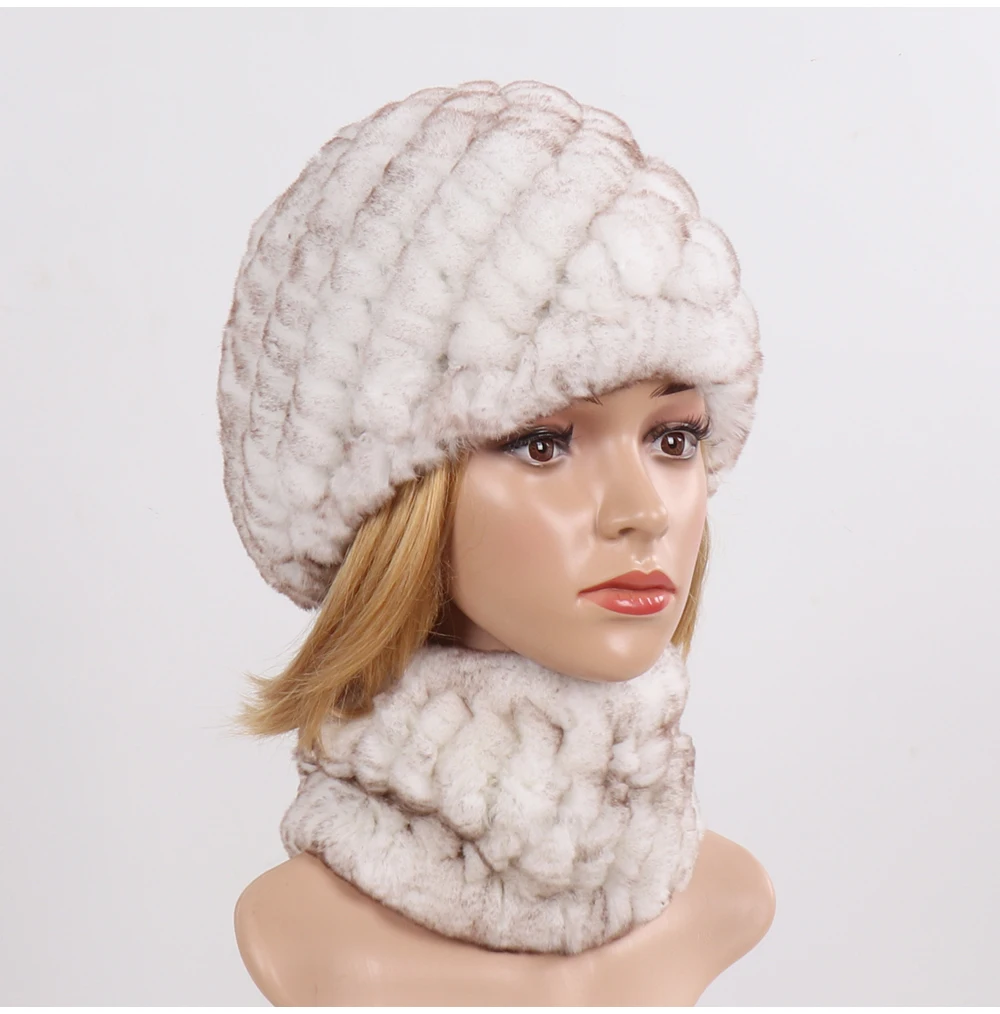 Hot Sale Women Winter Real Rex Rabbit Fur Hat Scarf Sets Natural Knit Rex Rabbit Fur Muffler Hat Lady Warm Real Fur Hats Scarves