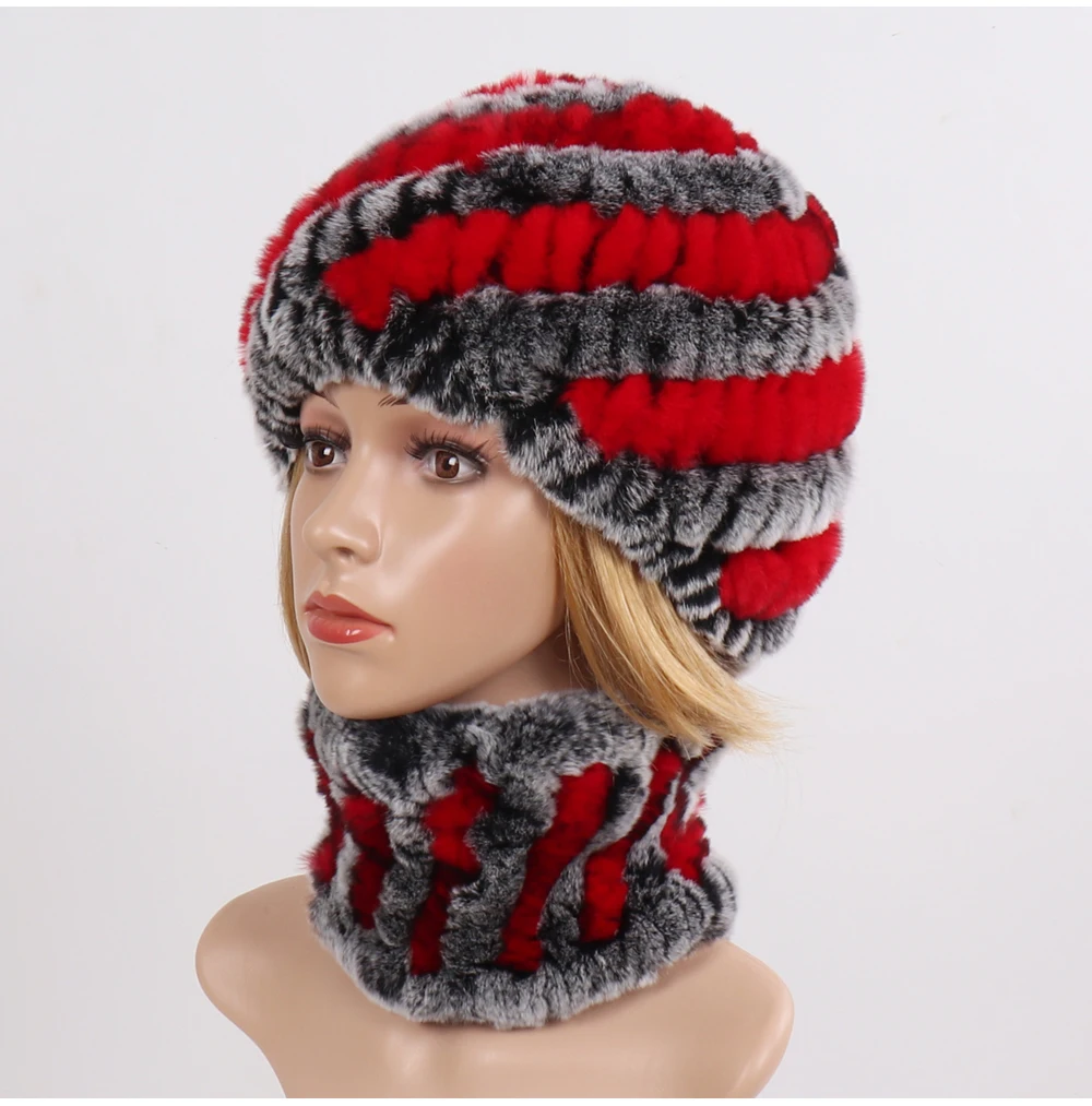 Hot Sale Women Winter Real Rex Rabbit Fur Hat Scarf Sets Natural Knit Rex Rabbit Fur Muffler Hat Lady Warm Real Fur Hats Scarves
