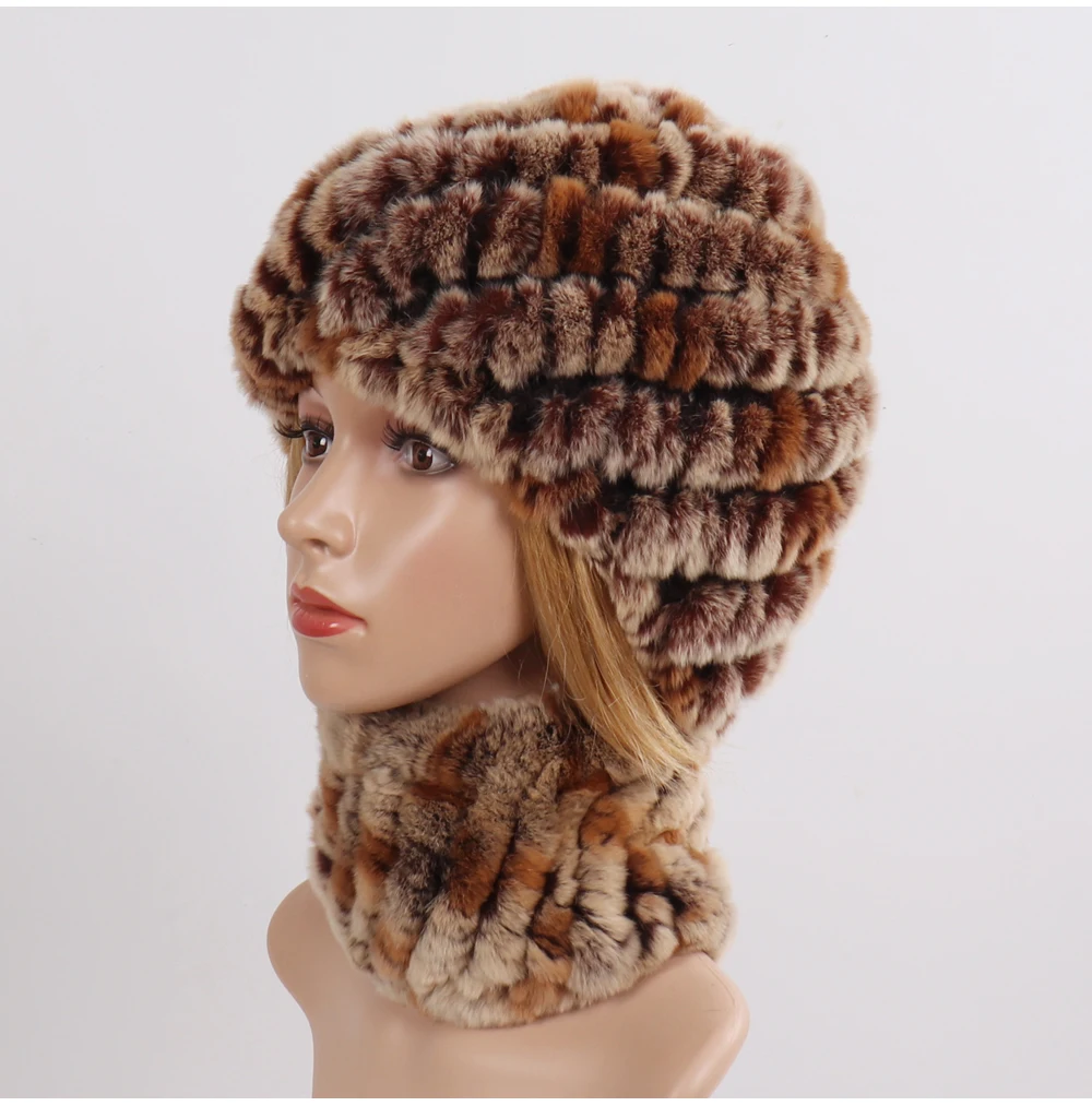Hot Sale Women Winter Real Rex Rabbit Fur Hat Scarf Sets Natural Knit Rex Rabbit Fur Muffler Hat Lady Warm Real Fur Hats Scarves