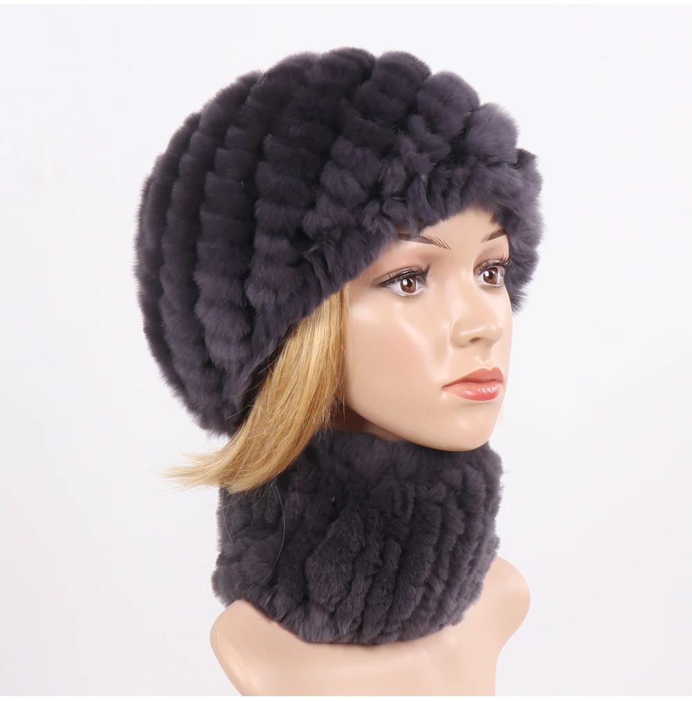 Hot Sale Women Winter Real Rex Rabbit Fur Hat Scarf Sets Natural Knit Rex Rabbit Fur Muffler Hat Lady Warm Real Fur Hats Scarves