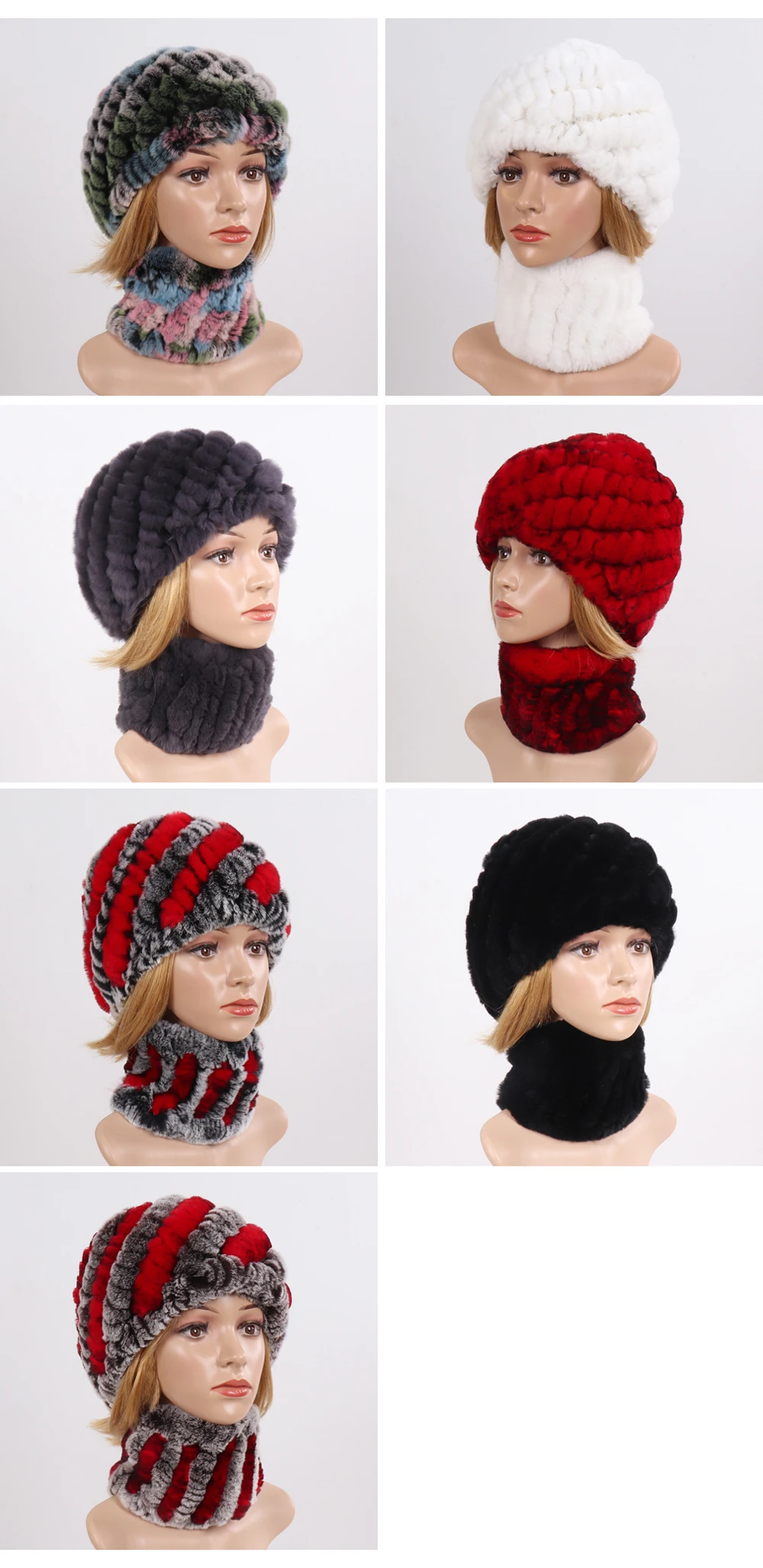 Hot Sale Women Winter Real Rex Rabbit Fur Hat Scarf Sets Natural Knit Rex Rabbit Fur Muffler Hat Lady Warm Real Fur Hats Scarves