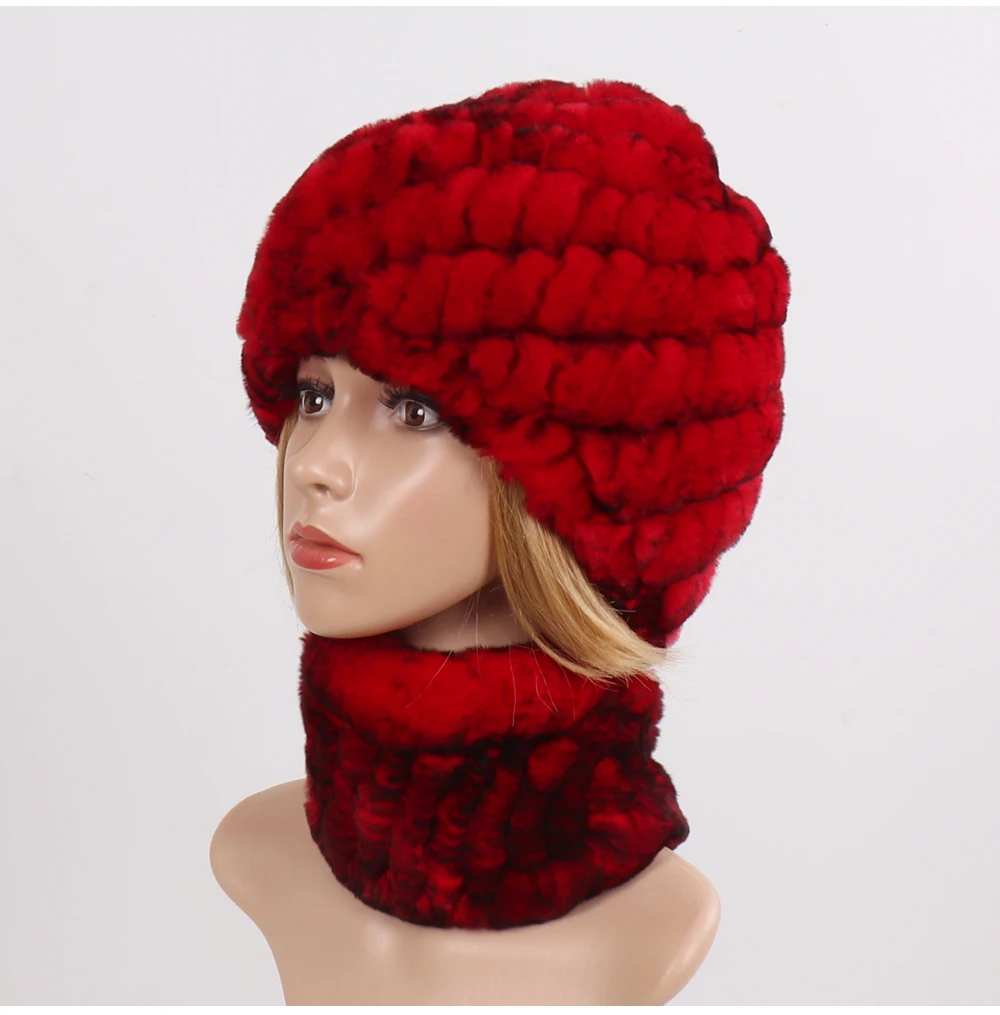 Hot Sale Women Winter Real Rex Rabbit Fur Hat Scarf Sets Natural Knit Rex Rabbit Fur Muffler Hat Lady Warm Real Fur Hats Scarves