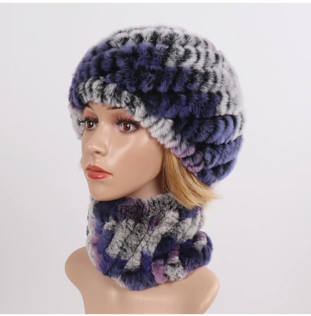 Hot Sale Women Winter Real Rex Rabbit Fur Hat Scarf Sets Natural Knit Rex Rabbit Fur Muffler Hat Lady Warm Real Fur Hats Scarves