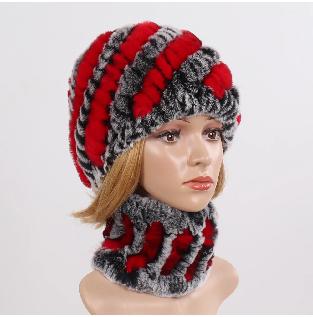 Hot Sale Women Winter Real Rex Rabbit Fur Hat Scarf Sets Natural Knit Rex Rabbit Fur Muffler Hat Lady Warm Real Fur Hats Scarves