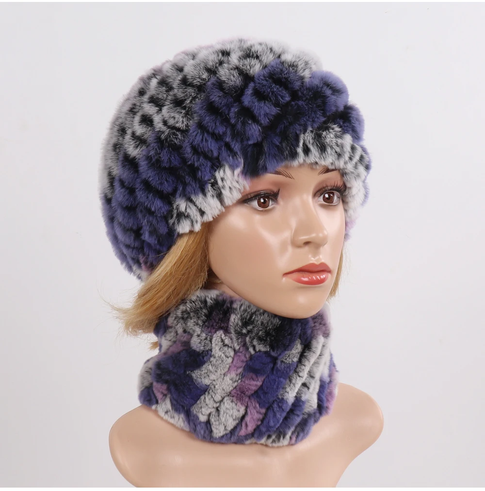 Hot Sale Women Winter Real Rex Rabbit Fur Hat Scarf Sets Natural Knit Rex Rabbit Fur Muffler Hat Lady Warm Real Fur Hats Scarves