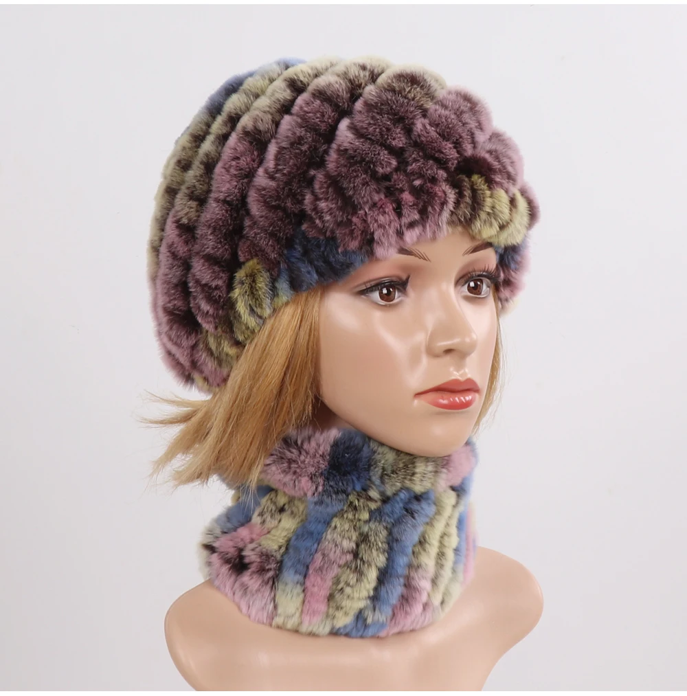 Hot Sale Women Winter Real Rex Rabbit Fur Hat Scarf Sets Natural Knit Rex Rabbit Fur Muffler Hat Lady Warm Real Fur Hats Scarves