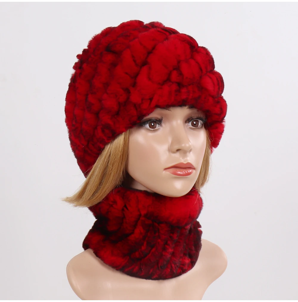 Hot Sale Women Winter Real Rex Rabbit Fur Hat Scarf Sets Natural Knit Rex Rabbit Fur Muffler Hat Lady Warm Real Fur Hats Scarves
