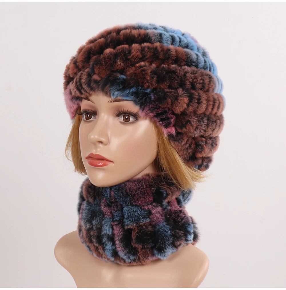 Hot Sale Women Winter Real Rex Rabbit Fur Hat Scarf Sets Natural Knit Rex Rabbit Fur Muffler Hat Lady Warm Real Fur Hats Scarves