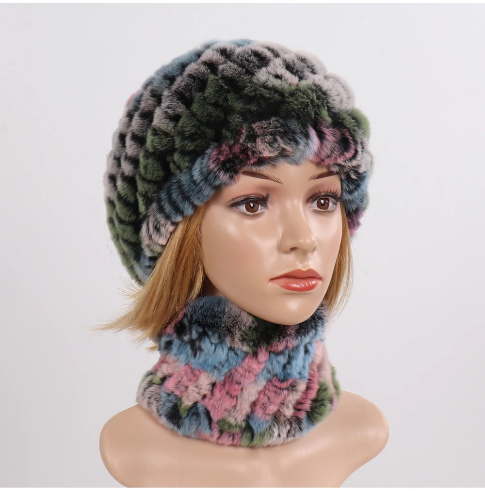 Hot Sale Women Winter Real Rex Rabbit Fur Hat Scarf Sets Natural Knit Rex Rabbit Fur Muffler Hat Lady Warm Real Fur Hats Scarves
