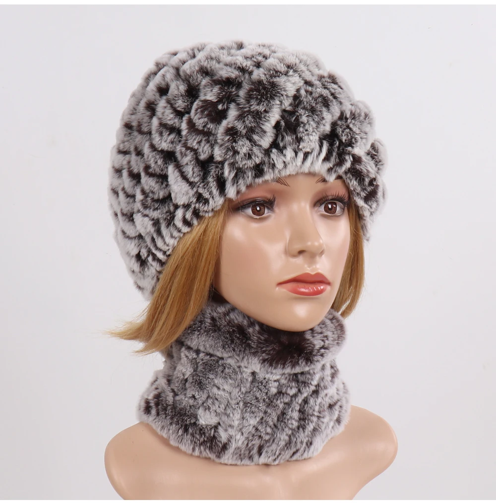 Hot Sale Women Winter Real Rex Rabbit Fur Hat Scarf Sets Natural Knit Rex Rabbit Fur Muffler Hat Lady Warm Real Fur Hats Scarves