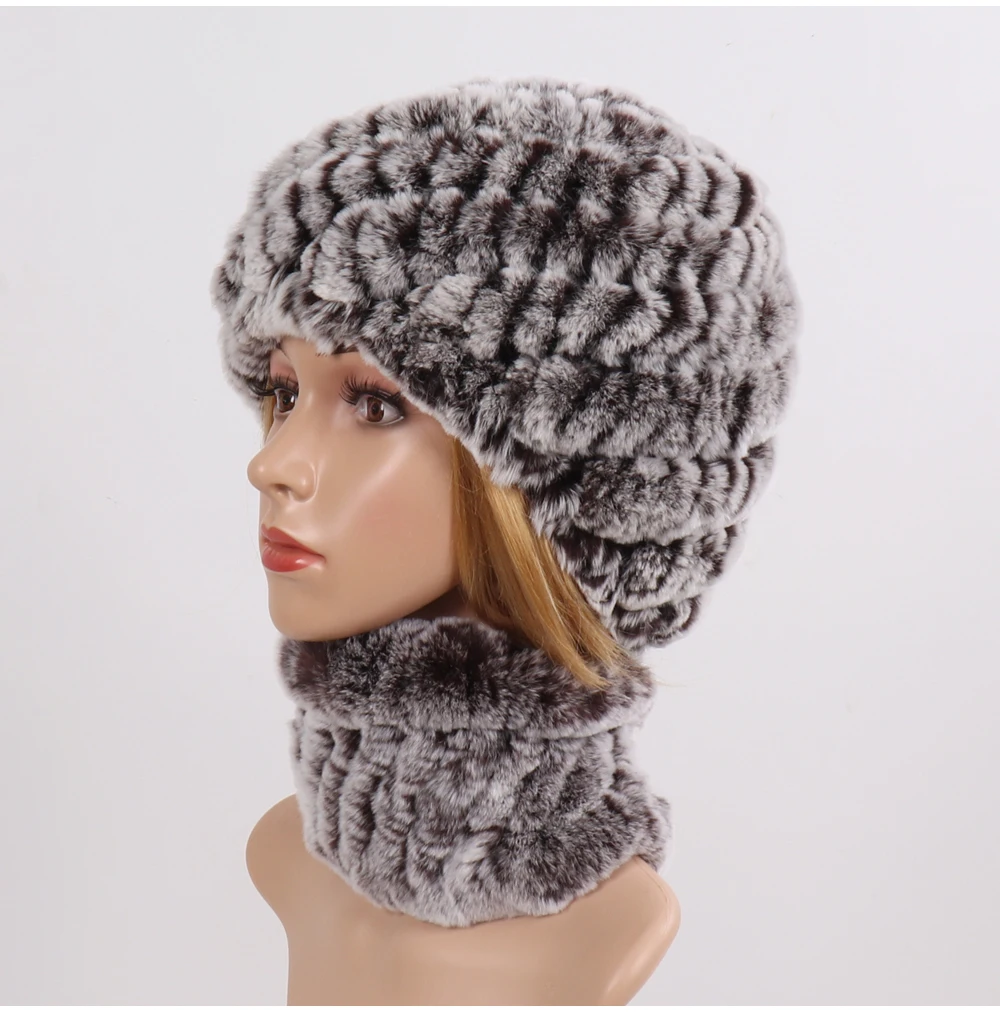 Hot Sale Women Winter Real Rex Rabbit Fur Hat Scarf Sets Natural Knit Rex Rabbit Fur Muffler Hat Lady Warm Real Fur Hats Scarves