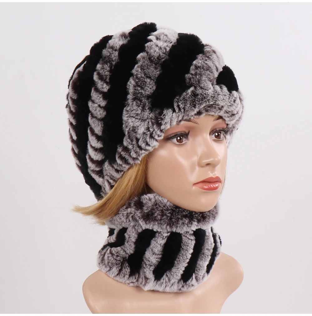 Hot Sale Women Winter Real Rex Rabbit Fur Hat Scarf Sets Natural Knit Rex Rabbit Fur Muffler Hat Lady Warm Real Fur Hats Scarves