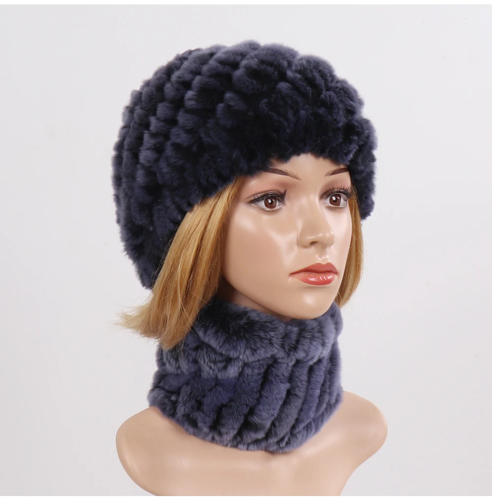 Hot Sale Women Winter Real Rex Rabbit Fur Hat Scarf Sets Natural Knit Rex Rabbit Fur Muffler Hat Lady Warm Real Fur Hats Scarves