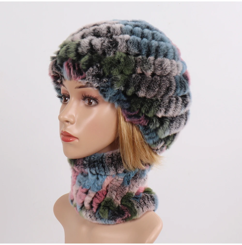 Hot Sale Women Winter Real Rex Rabbit Fur Hat Scarf Sets Natural Knit Rex Rabbit Fur Muffler Hat Lady Warm Real Fur Hats Scarves