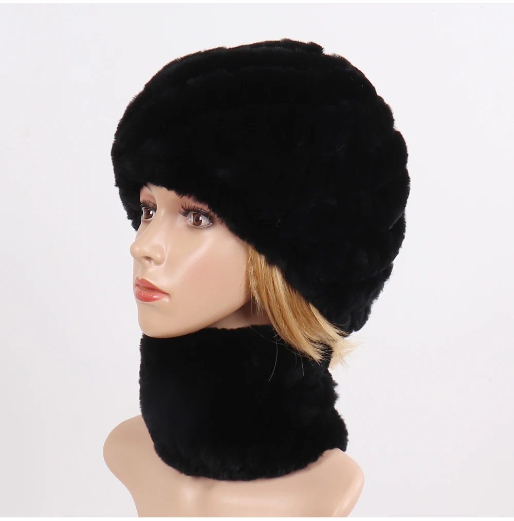 Hot Sale Women Winter Real Rex Rabbit Fur Hat Scarf Sets Natural Knit Rex Rabbit Fur Muffler Hat Lady Warm Real Fur Hats Scarves