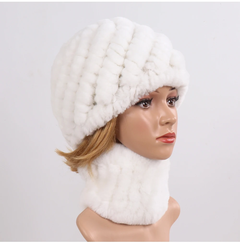 Hot Sale Women Winter Real Rex Rabbit Fur Hat Scarf Sets Natural Knit Rex Rabbit Fur Muffler Hat Lady Warm Real Fur Hats Scarves
