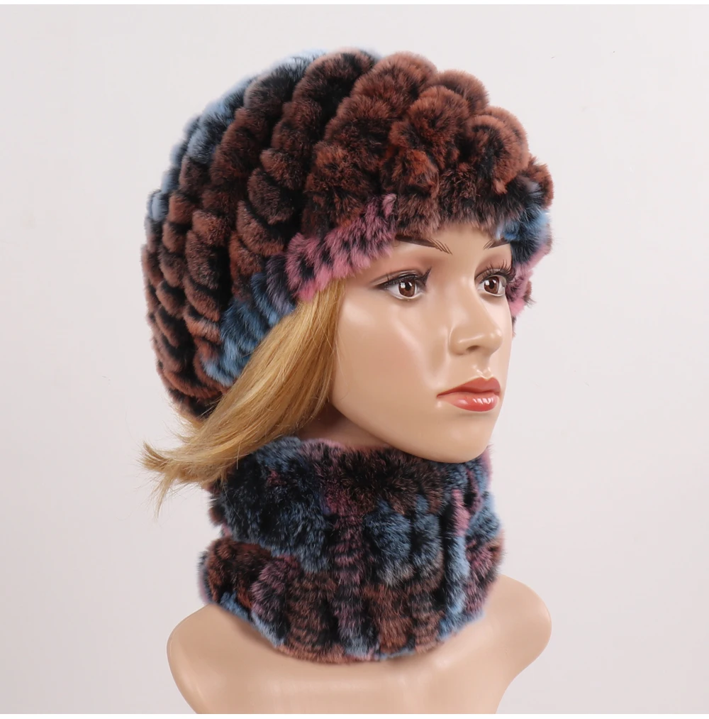 Hot Sale Women Winter Real Rex Rabbit Fur Hat Scarf Sets Natural Knit Rex Rabbit Fur Muffler Hat Lady Warm Real Fur Hats Scarves