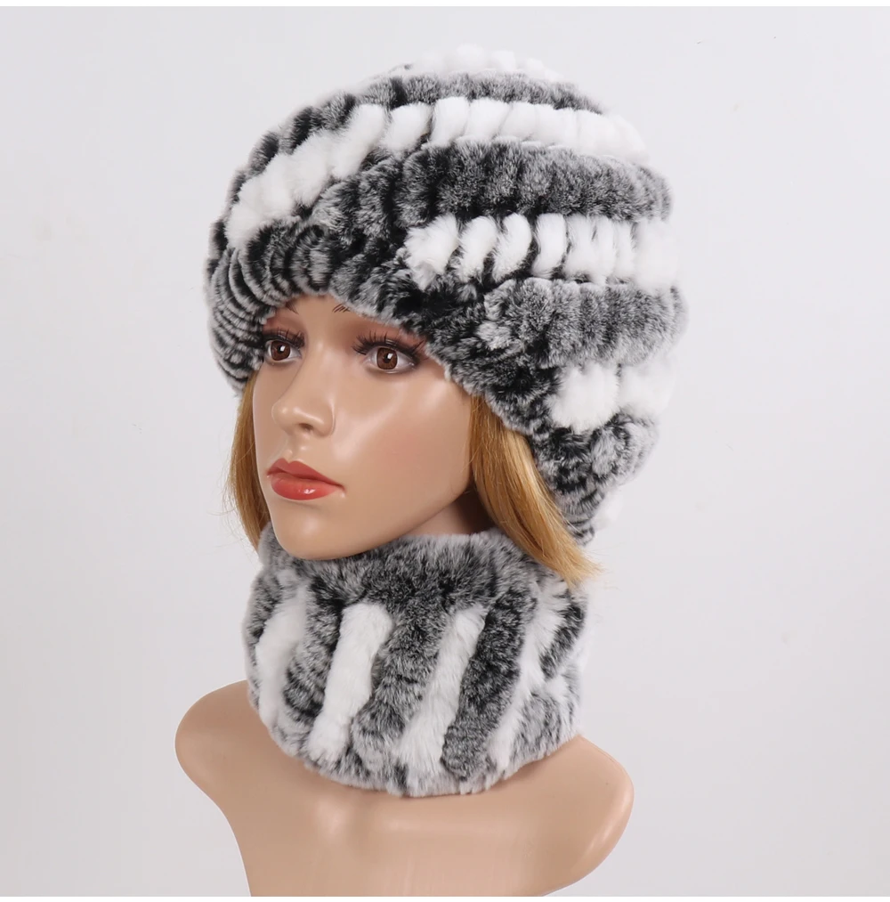 Hot Sale Women Winter Real Rex Rabbit Fur Hat Scarf Sets Natural Knit Rex Rabbit Fur Muffler Hat Lady Warm Real Fur Hats Scarves