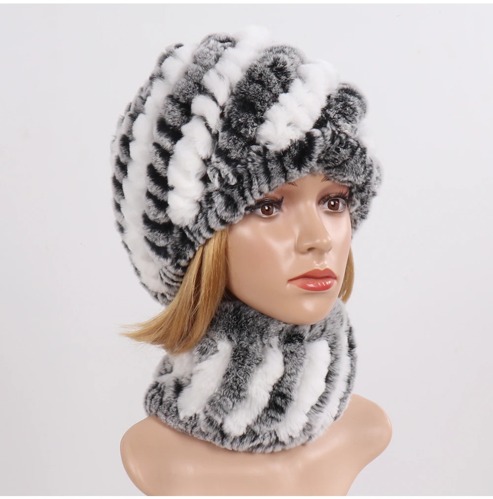 Hot Sale Women Winter Real Rex Rabbit Fur Hat Scarf Sets Natural Knit Rex Rabbit Fur Muffler Hat Lady Warm Real Fur Hats Scarves
