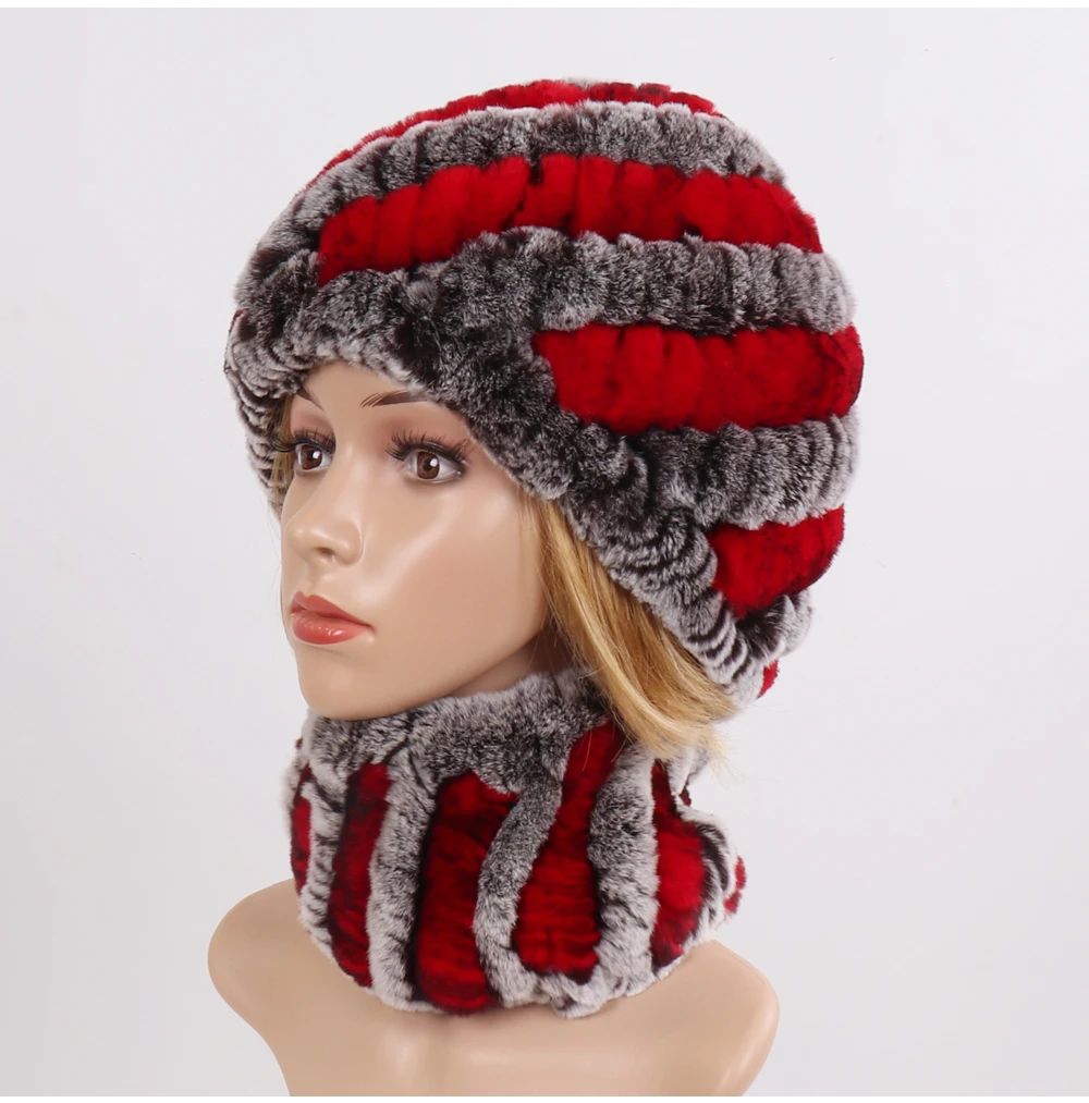 Hot Sale Women Winter Real Rex Rabbit Fur Hat Scarf Sets Natural Knit Rex Rabbit Fur Muffler Hat Lady Warm Real Fur Hats Scarves