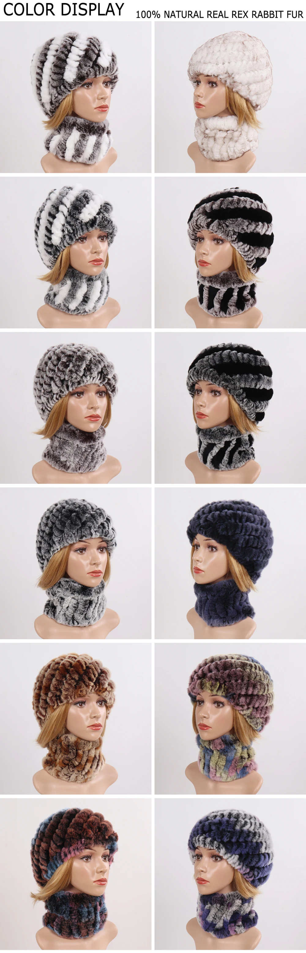 Hot Sale Women Winter Real Rex Rabbit Fur Hat Scarf Sets Natural Knit Rex Rabbit Fur Muffler Hat Lady Warm Real Fur Hats Scarves