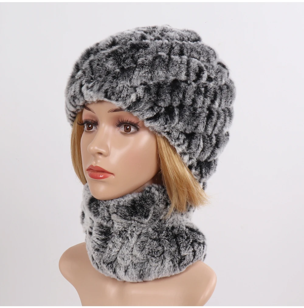 Hot Sale Women Winter Real Rex Rabbit Fur Hat Scarf Sets Natural Knit Rex Rabbit Fur Muffler Hat Lady Warm Real Fur Hats Scarves