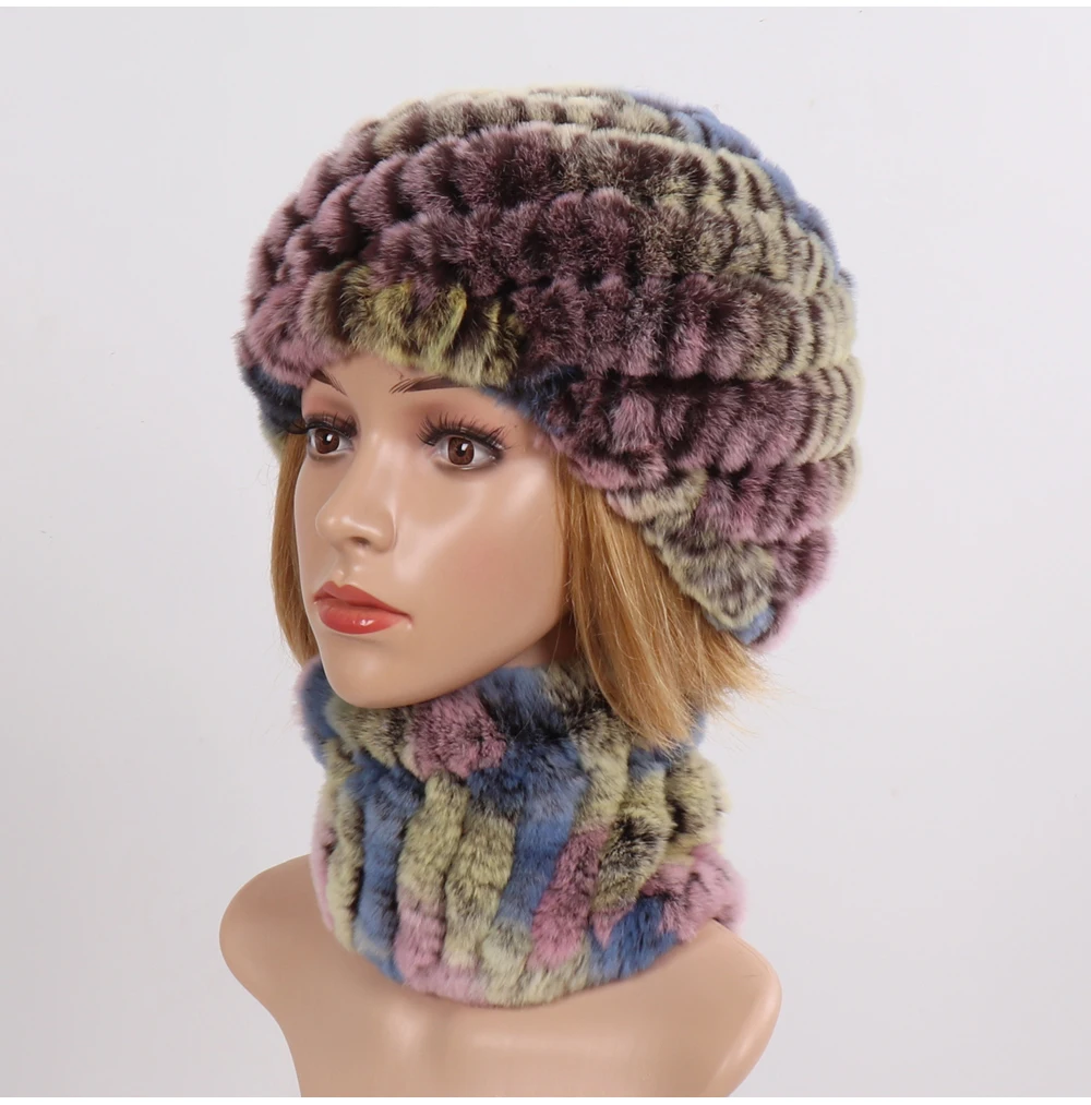 Hot Sale Women Winter Real Rex Rabbit Fur Hat Scarf Sets Natural Knit Rex Rabbit Fur Muffler Hat Lady Warm Real Fur Hats Scarves