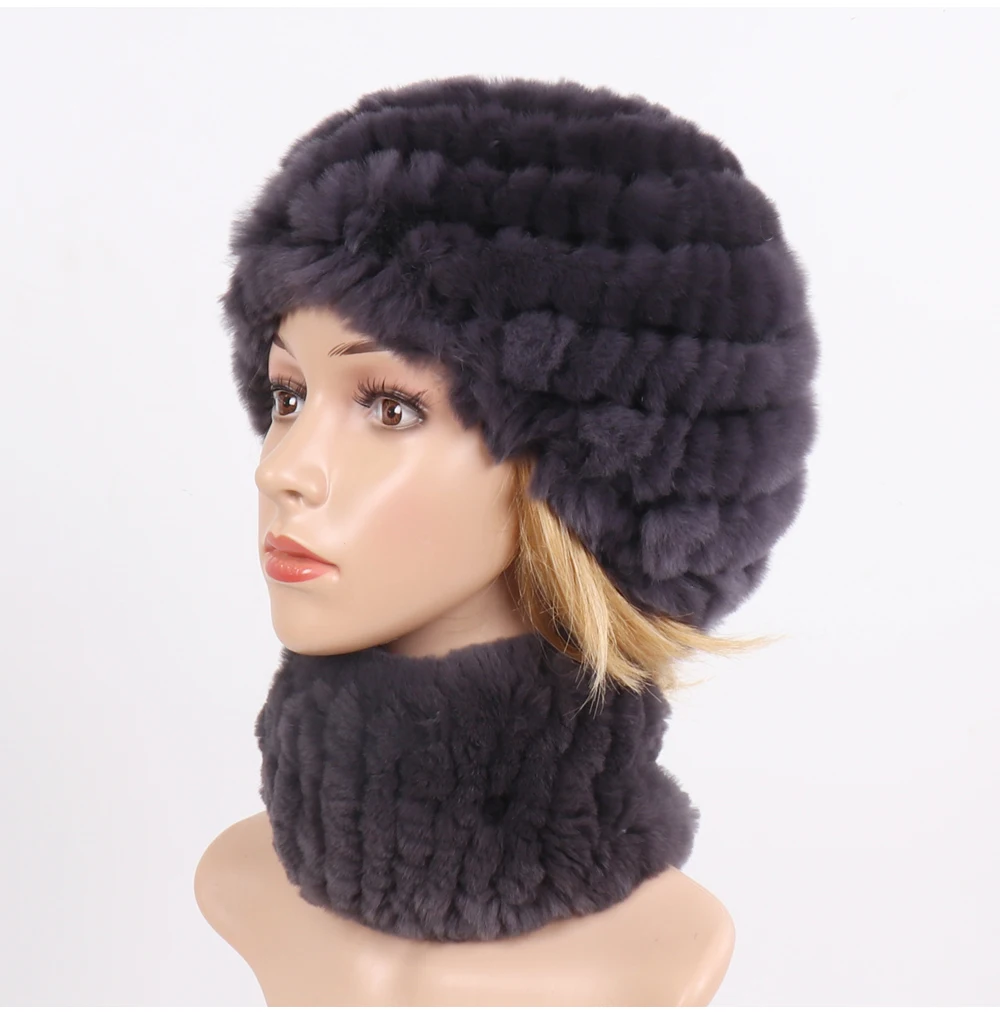 Hot Sale Women Winter Real Rex Rabbit Fur Hat Scarf Sets Natural Knit Rex Rabbit Fur Muffler Hat Lady Warm Real Fur Hats Scarves