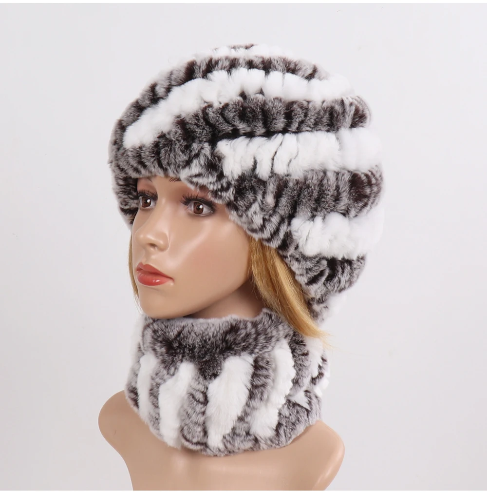 Hot Sale Women Winter Real Rex Rabbit Fur Hat Scarf Sets Natural Knit Rex Rabbit Fur Muffler Hat Lady Warm Real Fur Hats Scarves