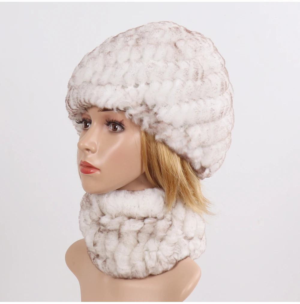 Hot Sale Women Winter Real Rex Rabbit Fur Hat Scarf Sets Natural Knit Rex Rabbit Fur Muffler Hat Lady Warm Real Fur Hats Scarves