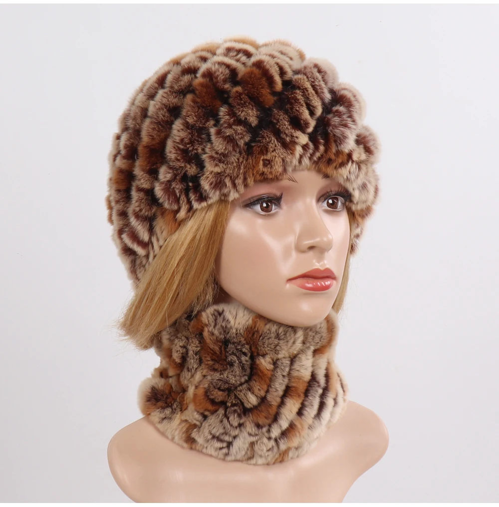 Hot Sale Women Winter Real Rex Rabbit Fur Hat Scarf Sets Natural Knit Rex Rabbit Fur Muffler Hat Lady Warm Real Fur Hats Scarves