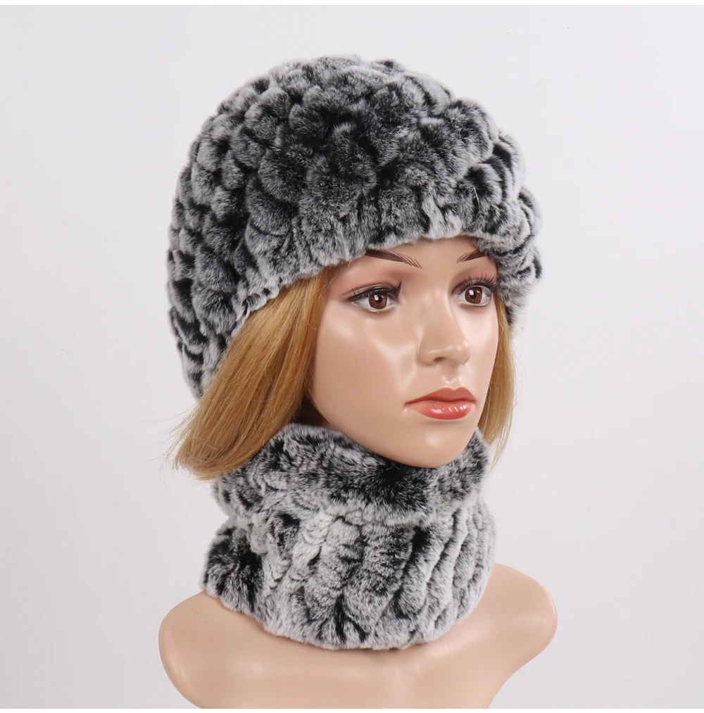 Hot Sale Women Winter Real Rex Rabbit Fur Hat Scarf Sets Natural Knit Rex Rabbit Fur Muffler Hat Lady Warm Real Fur Hats Scarves