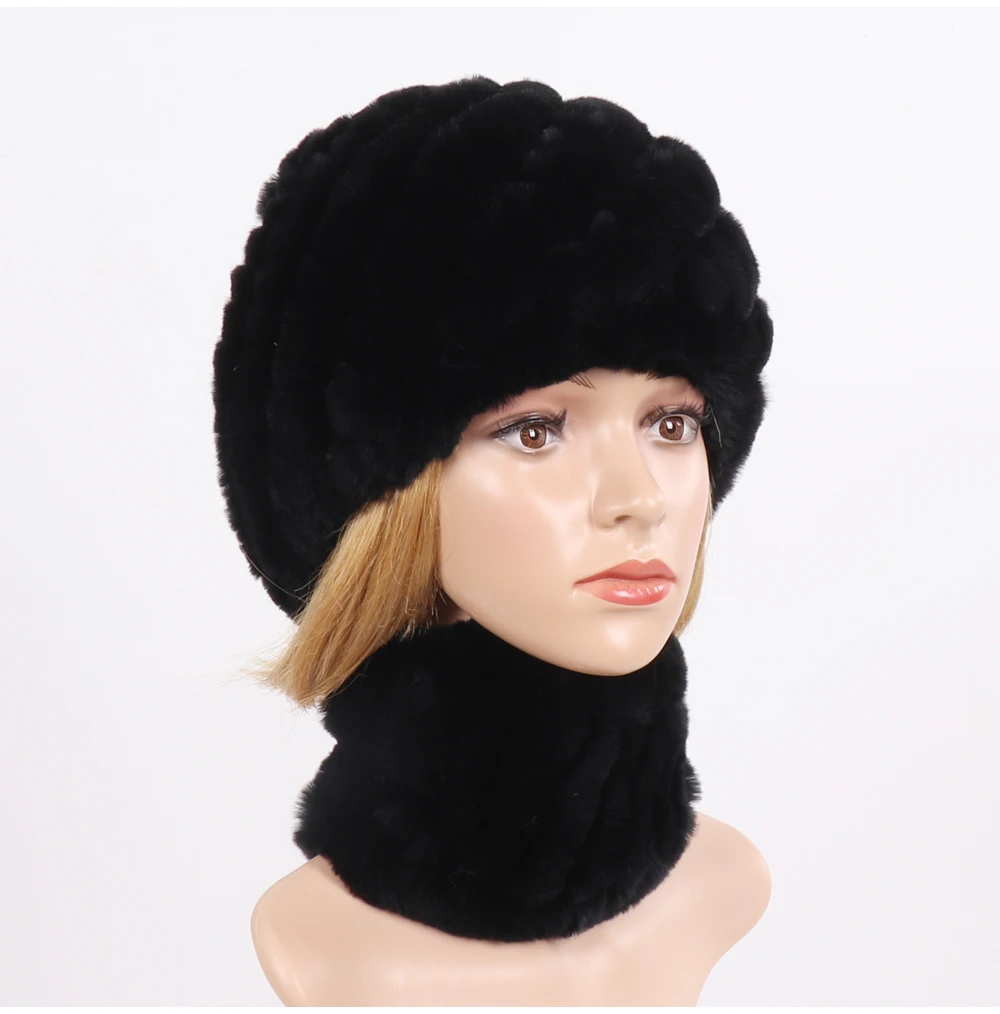 Hot Sale Women Winter Real Rex Rabbit Fur Hat Scarf Sets Natural Knit Rex Rabbit Fur Muffler Hat Lady Warm Real Fur Hats Scarves