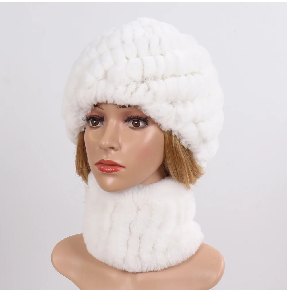 Hot Sale Women Winter Real Rex Rabbit Fur Hat Scarf Sets Natural Knit Rex Rabbit Fur Muffler Hat Lady Warm Real Fur Hats Scarves