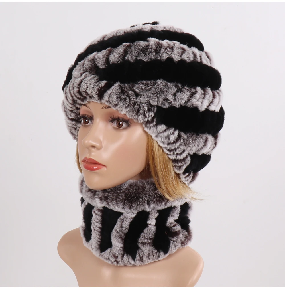 Hot Sale Women Winter Real Rex Rabbit Fur Hat Scarf Sets Natural Knit Rex Rabbit Fur Muffler Hat Lady Warm Real Fur Hats Scarves