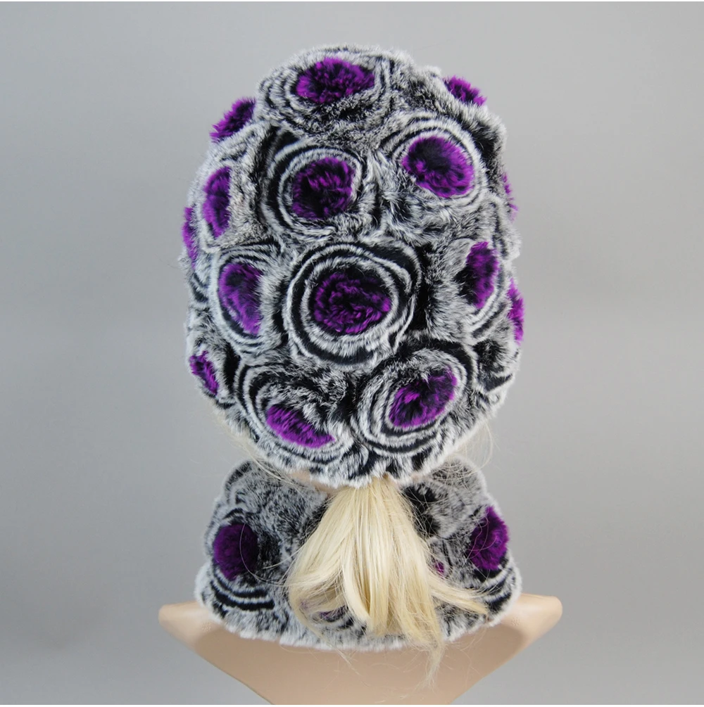 Women Knit Real Rex Rabbit Fur Hat Scarf Sets Natural Warm Rex Rabbit Fur Scarves Hat Winter Lady Real Rex Rabbit Fur Hat Scarf